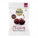 A compact rectangular box displays Biona Organic Dark Chocolate Cherries branding in deep brown and red tones. Glossy cherries and dark chocolate pieces appear front-center. Natural ingredient icons and a clear weight label sit beside simple botanical illustrations. Matte paper texture, subtle seal.