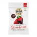 A green-accented pack shows glossy dark chocolate clusters studded with bright pink freeze-dried strawberry pieces. The Biona logo and organic wording appear on the pack alongside an image of scattered chocolate-covered strawberry bites on a white background.