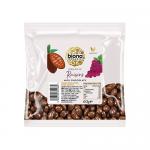 Bright cardboard trays of Biona Organic milk chocolate–covered raisins sit in a neat grid. Each 60g box shows the Biona logo, green organic leaf accents and a photo of glossy chocolate drops and plump raisins on a white background, with nutritional text along the sides. Back panels show ingredients.