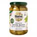 A clear glass jar reveals large green Greek queen olives tightly packed in pale brine, each cavity stuffed with a whole garlic clove. A simple organic label with green and white accents wraps the jar, while condensation and reflective highlights give a fresh, glossy appearance. They catch the light.