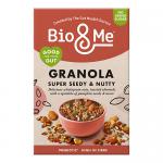 Five upright 360g Bio&Me Super Seedy & Nutty Gut-Loving Granola pouches stand in a staggered row. Each pouch displays the Bio&Me logo, bold product name, vivid imagery of oats, seeds and nuts, a clear window showing granola texture, and one pouch turns to reveal the back panel. Lighting is crisp. HD
