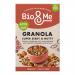 Five upright 360g Bio&Me Super Seedy & Nutty Gut-Loving Granola pouches stand in a staggered row. Each pouch displays the Bio&Me logo, bold product name, vivid imagery of oats, seeds and nuts, a clear window showing granola texture, and one pouch turns to reveal the back panel. Lighting is crisp. HD
