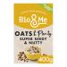 A 400g Bio&Me pack stands upright with a green-and-white label showing the brand and product name. Close-up images of oats, seeds and nuts spill into a rustic bowl. Natural tones, clear weight marking and small icons appear against a clean, minimal background.