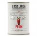 A bright metal can labeled Casalinga shows glossy, ripe plum tomatoes with green stems against a white label printed in red and black. The 400g cans sit stacked in a neat cardboard tray, arranged in rows; studio lighting highlights the vivid red fruit and metallic sheen.