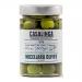 Six uniform 300g tubs of Casalinga Nocellara olives sit in a neat row, translucent jars revealing glossy, pitted green olives submerged in pale brine. Each container bears a green-and-white Casalinga label with the product name and weight, forming a cohesive grocery display.