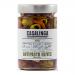 A clear glass jar showcases glossy pitted Italian antipasti olives—green and black—nestled in golden oil with flecks of herbs, thin garlic slices and vibrant red pepper pieces. A modest label wraps the jar, displaying the Casalinga name and simple product information. The oil glints under light now