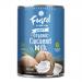 A row of twelve matte white 400ml cartons labeled 'Fused Organic Light Coconut Milk' by Fiona Uyema sits against a soft neutral background. Each carton shows a minimalist coconut illustration, green accents, nutrition facts and a resealable spout at the top Soft shadows fall across the packs edges