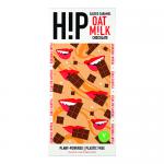 A glossy wrapper shows a rich oat milk chocolate bar with salted caramel swirls and bite-sized squares. Warm bronze and deep brown tones mingle with cream accents. Stylized oat kernels and a flowing caramel ribbon decorate the front while bold modern lettering names the flavor. Subtle matte finish.