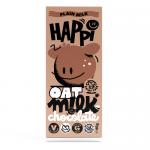 A colorful box shows HAPPi branding and playful typography, displaying fifteen 40 g oat-milk chocolate bars in individual wrappers. Packaging uses warm brown and creamy off-white tones with oat illustrations, a milk-splash graphic, and bold product name on front. with a glossy sheen and faint emboss.