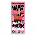 Image shows a bright wrapper in warm brown and gold with the HAPPi logo centered. A broken oat milk chocolate bar sits beside it, exposing crunchy cacao nibs and toasted oat flakes in smooth milk chocolate, with a few scattered nibs and oats on the surface. Soft sheen on the chocolate catches light.