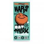 Bright orange wrapper shows bold white HAPPi lettering and playful typography with brown and cream accents. A slim chocolate bar sits unwrapped, revealing glossy milk-chocolate squares and a slightly textured oat-speckled edge.