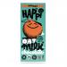 Bright orange wrapper shows bold white HAPPi lettering and playful typography with brown and cream accents. A slim chocolate bar sits unwrapped, revealing glossy milk-chocolate squares and a slightly textured oat-speckled edge.