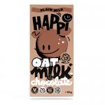 Brightly colored wrappers display the HAPPi brand name and playful typography. Each 80g chocolate bar shows 'Plain M!Lk' and 'Oat M!Lk' labels, a stylized oat illustration and a glossy chocolate splash. Twelve neatly stacked bars sit inside a partially opened carton. Soft light shows warm brown hue.