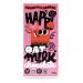 A rectangular wrapper shows a playful HAPPi logo atop a soft pastel background. A glossy chocolate bar graphic fills center, studded with cacao nibs and oat flakes. Bold Cacao Nibs Crunch and stylized Oat M!Lk lettering appear; small icons and ingredient imagery sit along the bottom. frontpanel zoom