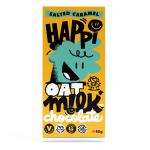 A neat 12-pack of HAPPi Salted Caramel Oat M!Lk chocolate bars sits together, each 80g wrapper displaying a bold HAPPi logo and playful typography. Warm caramel hues blend with creamy oat graphics, salt-fleck motifs, and clear chocolate bar silhouettes in a tidy arrangement. Light catches gloss now.