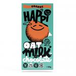 A vibrant orange wrapper shows the playful HAPPi logo and M!Lk lettering alongside oat motifs. The bar appears partly unwrapped, revealing smooth, glossy chocolate segments with subtle sheen. Clean, modern packaging uses bold colors and simple typography.