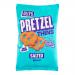 A matte blue bag displays a clear window revealing thin, golden-brown pretzels dusted with coarse salt. Bold white and yellow lettering shows the brand and product name. Clean graphics and a minimal layout emphasize crisp round shapes and stacked pretzel thins. A subtle sheen highlights baked crumb.