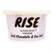 An image of a single RISE Instant Porridge pot showing the RISE logo on a cream-and-brown cup. The label displays Chocolate & Sea Salt, a glossy chocolate swirl, sprinkled salt crystals and oats, small nutrition icons and an 80g weight mark against a white background.