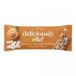 A cardboard carton of 16 individually wrapped 50g bars sits against a neutral background. The box displays the Deliciously Ella logo, apricot and coconut illustrations, warm orange and cream tones, and a photo of a single bar with visible apricot pieces and shredded coconut. Clean minimalist design.