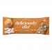 A cardboard carton of 16 individually wrapped 50g bars sits against a neutral background. The box displays the Deliciously Ella logo, apricot and coconut illustrations, warm orange and cream tones, and a photo of a single bar with visible apricot pieces and shredded coconut. Clean minimalist design.