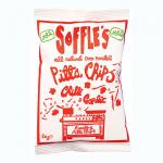A colourful bag of Soffle’s Pitta Chips Chilli and Garlic MILD stands upright, featuring a red-orange gradient, bold white logo and scattered triangular chips. Illustrations of chillies and garlic flank the product name, with small icons and ingredient text along the base.