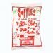A colourful bag of Soffle’s Pitta Chips Chilli and Garlic MILD stands upright, featuring a red-orange gradient, bold white logo and scattered triangular chips. Illustrations of chillies and garlic flank the product name, with small icons and ingredient text along the base.