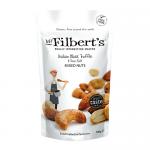 A display of twelve 100g pouches of Mr Filberts Italian Black Truffle & Sea Salt Mixed Nuts arranged in neat rows. Matte black packaging features the brand logo, truffle illustration and a clear window showing almonds, cashews and hazelnuts speckled with truffle flecks and salt crystals. On white...