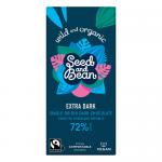 Photo shows a rectangular box containing ten Seed&Bean 75g dark chocolate bars. Each wrapper displays deep brown and cream tones, stylised seed and botanical illustrations and the Seed&Bean logo. Visible labels read '72% Dark' plus Fairtrade and Organic icons; bars lie stacked evenly. Neat rows run.