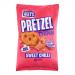 A vibrant red-orange bag of Olly’s Pretzel Thins – Thai Sweet Chilli sits upright against a plain background. Bold white logo and chili graphics frame a clear window showing thin, twisted pretzels dusted with seasoning. Nutritional icons and text appear along the edges. A barcode sits near the base.