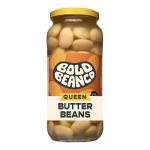 A photo shows six 570g cans of Bold Bean Co Queen Butter Beans arranged in two neat rows. Each can displays the Bold Bean Co logo and a colorful label featuring an image of butter beans and clear product text on the front.