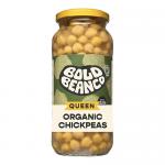 Photo shows six Bold Bean Co packets of organic chickpeas (570g) with natural beige and green labels. Each matte pouch has a clear window revealing pale, round chickpeas. Brand name and simple leaf graphics center on the label; pouches sit neatly in two rows.