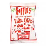 A vibrant bag of Soffle's Pitta Chips Chilli & Garlic MILD stands upright against a plain background. The bold logo tops the packet, with illustrated chillies and garlic cloves flanking a clear window revealing triangular golden-brown pitta crisps dusted with red seasoning and visible crisp texture.