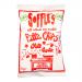 A vibrant bag of Soffle's Pitta Chips Chilli & Garlic MILD stands upright against a plain background. The bold logo tops the packet, with illustrated chillies and garlic cloves flanking a clear window revealing triangular golden-brown pitta crisps dusted with red seasoning and visible crisp texture.
