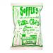 A cardboard box of fifteen 60g Soffle's Pitta Chips sits open, revealing rows of individual cream-and-green packets. Each packet displays the Soffle's logo, images of golden, irregular pitta crisps flecked with black pepper, scattered sea-salt crystals and an olive-oil sheen. Olive icon; small logo.