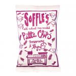 Front-facing packet shows the Soffle's logo on a muted green background, with illustrated golden pitta chips spilling beside detailed rosemary sprigs and thyme leaves. Product name and net weight appear in clear white text near the bottom.