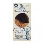A glossy pouch with the Island Bakery logo uses warm brown and cream tones. The front shows the product name and weight, plus a photo of round chocolate‑coated ginger biscuits—several are stacked and a few lie beside the open pack on a neutral background.