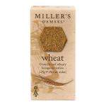 A neat stack of six thin wheat wafers sits beside a crisp, rustic 125g Artisan Biscuits box labeled Miller’s Damsel. Pale golden crackers show fine grain texture and delicate ridges; simple blue-and-cream bakery branding and natural wheat imagery decorate the packaging. Soft crumbs and flour dusting