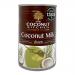 A row of twelve white and green cartons labeled The Coconut Kitchen Natural Coconut Milk sits on a grocery shelf. Each carton displays a coconut illustration, product name in bold type, ingredient text blocks and a barcode, with bright tropical colors and clean modern packaging design. Tight crop...