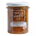Six 225g glass jars of Single Variety Co Passionfruit Preserve sit in a tidy cluster. The translucent golden-orange preserve shows suspended seeds and pulpy texture. White labels feature simple black text; silver lids catch soft studio light on a neutral backdrop.