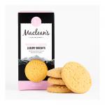Blue-and-cream box labeled Maclean's Rhubarb and Custard Luxury Biscuits sits front and center. Several golden biscuits with pink-and-yellow filling stand stacked and scattered beside crumbs on a wooden surface. A Highland Bakery logo appears on the packaging. Edges show subtle ridges and pale dust.