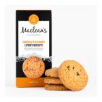 A rectangular box shows Maclean's Highland Bakery branding in warm brown and cream. The front features a photo of round ginger biscuits partially coated in glossy chocolate, revealing crumbly texture, ridged edges and scattered biscuit crumbs against a soft, neutral backdrop. Subtle labels sit above