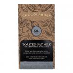 A matte-brown wrapper shows the Chocolarder logo in cream lettering; glossy chocolate squares and toasted oat clusters appear beside bold 60% and Toasted Oat text. 70g marks the corner, and ten identical bars sit stacked behind.