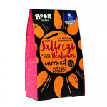 The image shows a rectangular retail pack of twelve Boom Kitchen Jalfrezi Heatwave sachets. Bright red-orange packaging displays bold 'Jalfrezi Heatwave' text, chili and spice graphics, a 26g label, and the Boom Kitchen logo against a contrasting background with product imagery. With soft shadowing.