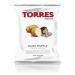 A 125g bag of Torres Black Truffle Crisps sits upright with matte black packaging and gold lettering. A central photograph shows thin, ridged potato crisps sprinkled with black truffle flecks. The Torres logo and a delicate truffle illustration appear against a dark, textured background. Subtle sheen.