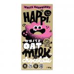 A clean, modern wrapper shows HAPPi Oat M!lk White Raspberry chocolate bar. White and soft raspberry-pink panels surround stylized raspberry illustrations and chunky white chocolate squares. Playful logo and bold typography sit above an 80g weight mark on a crisp, minimalist background. subtle sheen