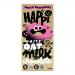 A clean, modern wrapper shows HAPPi Oat M!lk White Raspberry chocolate bar. White and soft raspberry-pink panels surround stylized raspberry illustrations and chunky white chocolate squares. Playful logo and bold typography sit above an 80g weight mark on a crisp, minimalist background. subtle sheen