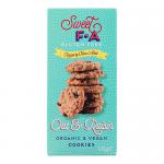 A crisp retail packet sits on a neutral background, its label showing 'Sweet FA' and 'Gluten Free Oat & Raisin Cookies 125g' with Island Bakery branding. A clear window reveals several golden-brown, round oat cookies studded with dark raisins and visible oat flakes Soft highlights emphasize texture