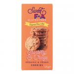 A clear image shows golden-brown cookies studded with deep-red cranberry pieces and flecks of orange zest. Crumbly edges and a light sugary dusting contrast with the soft centers. A branded 125g packet sits behind the plate, hinting at the gluten-free label. Soft even lighting; pale linen backdrop.
