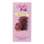 A small 125g packet of Sweet FA Gluten Free Double Chocolate Chip Cookies from Island Bakery sits against a plain background. The wrapper shows rich brown tones, a bold logo and a clear photo of round dark cookies studded generously with large chocolate chips. Back displays icons and a barcode strip