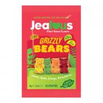 A display of ten 40g impulse bags of Jealous Grizzly Bears confectionery sits on a plain background. Each glossy bag is bright red with a cartoon grizzly mascot, bold white logo and illustrated gummy bears tumbling from an open corner, with small icons and text.